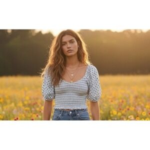 Superdry Smocked Crop Top Womens 6 Diamond Tile Blue Puff Sleeve Bardot‎ Peasant